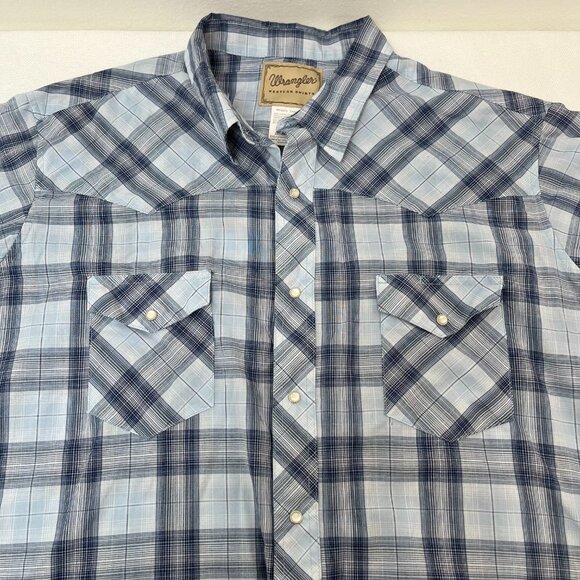 Wrangler Western Shirt Blue Plaid Pearl Snap Short Sleeve Button Up Men's 2XL - Picture 3 of 8